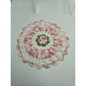 VINTAGE hand-Crocheted SM 9 1/2" Round Doily - pink & white -Pleated rose center